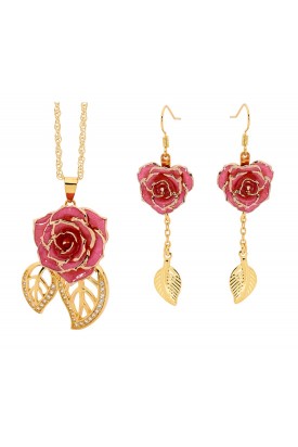 Rosa glasierter Rosenblütenanhänger & Ohrringe. Blatt-Design